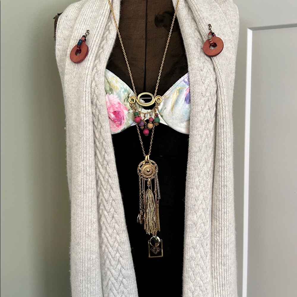 Mixed media chatelaine like necklace multiple chains and charms handmade 18”